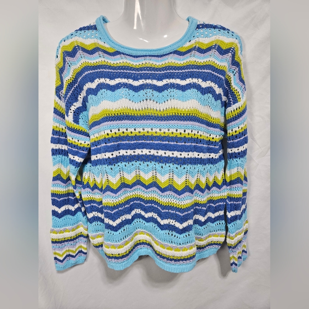 GG Collection Crochet Knit Sweater XS Blue Striped OpenKnit Lightweight Pullover